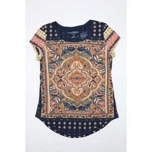 Lucky Brand Linen Blend Boho Hippie Printed Short Sleeve Shirt V-neck Women's  S